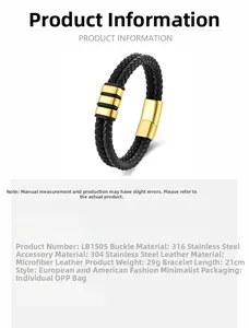 Detail view of mens double-layer braided leather bracelet with golden magnetic clasp