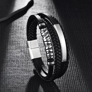 Bracelet multicouche en cuir tressé noir pour homme avec fermoir magnétique mat