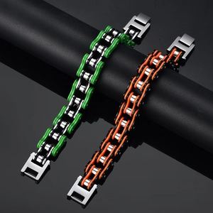 Industrial style stainless steel bicycle chain bracelet in neon green and orange colors