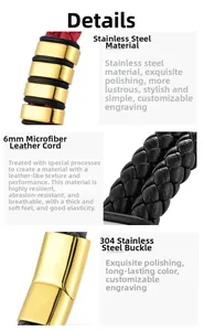 Detail view of 6mm black and red braided leather bracelet with 304 stainless steel gold buckle