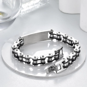 Men's titanium steel motorcycle chain bracelet with flat black and silver engraving plate