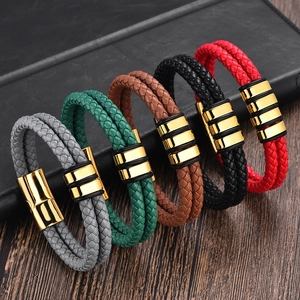 Men Braided Microfiber Leather Bracelet With Stainless Steel Magnetic Clasp Punk Geometric Fashion Hand Jewelry Gift