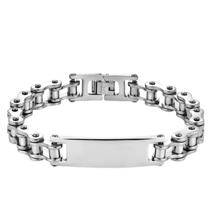 Industrial bike chain men's stainless steel bracelet with polished identity plate