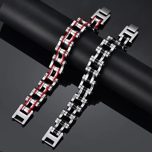 Men's stainless steel bicycle chain bracelets in red and black industrial motor design