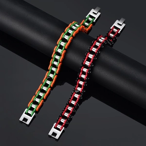 Industrial style bicycle chain bracelet for men with orange and red color blocking links