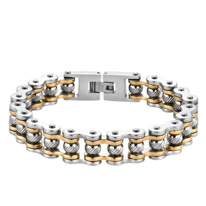 Bracciale da uomo a catena di bicicletta in acciaio inox bicolore oro e argento