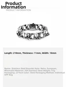 Detailed specs of the vintage skull link bracelet in 304 stainless steel with dimensions