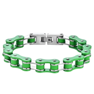 Bracelet chaîne de moto en acier inoxydable vert et argent pour homme style rock hip-hop