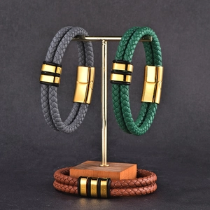 Men's woven leather bracelets with gold magnetic clasps in green, grey, and brown sets