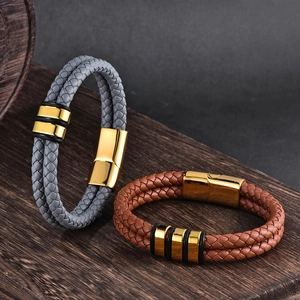 Men's double braided leather bracelet set with metallic gold magnetic clasps in two colors