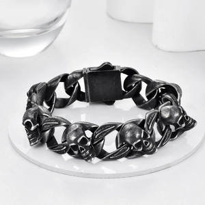 Men's Punk Stainless Steel Skull Chain Bracelet Gothic Hip Hop Heavy Metal Distressed Silver Biker Jewelry Gift