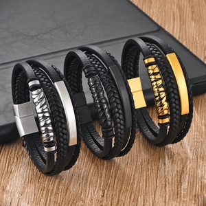 Bracelets multicouches en cuir pour hommes avec fermoirs magnétiques en argent, noir et or