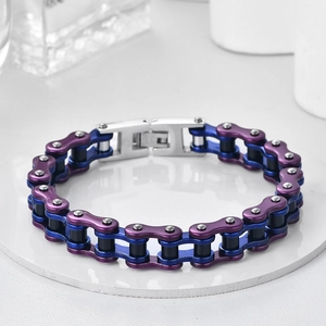 Bracelet chaîne de vélo en acier inoxydable pour homme avec dégradé violet et bleu