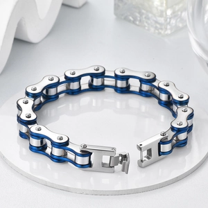 Bracelet chaîne de vélo en acier inoxydable argenté et bleu au style industriel punk