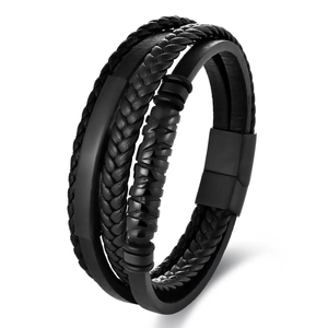 Bracelet multicouche en cuir noir pour homme avec fermoir magnétique en inox