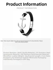 Detail of black microfiber leather woven bracelet with silver 316 stainless steel anchor clasp