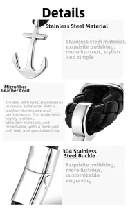 Detail of stainless steel anchor pendant and black braided microfiber leather cord