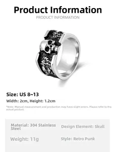 Detail of vintage silver stainless steel ring with skull and rose relief carving