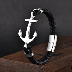Men's retro braided leather bracelet with silver stainless steel anchor pendant and clasp