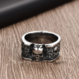 Vintage Punk Skull Rose Stainless Steel Cast Ring For Men Gothic Hip Hop Biker Wide Band Ring Jewelry Gift