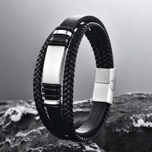 Men's multilayer braided black leather bracelet with brushed stainless steel magnetic clasp