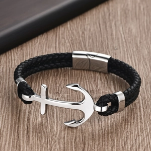 Men's braided leather anchor bracelet with polished stainless steel magnetic clasp