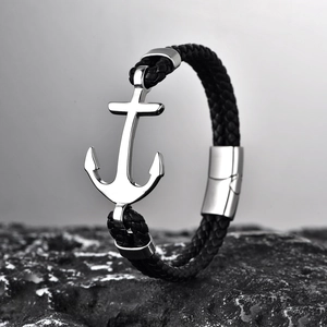 Men's braided leather anchor bracelet with polished stainless steel magnetic clasp