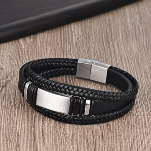 Men's multi-layer braided black leather bracelet with brushed stainless steel magnetic clasp