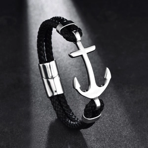Vintage Men Stainless Steel Anchor Braided Leather Bracelet With Magnetic Clasp Retro Nautical Ship Wristband Jewelry