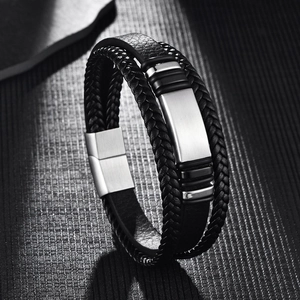 Men's multilayer black braided leather bracelet with brushed metal magnetic clasp