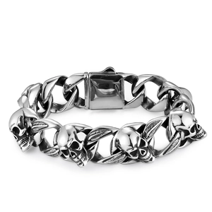 Men's punk skull bracelet in vintage silver stainless steel with cuban chain links