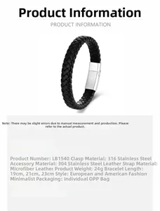 Detailed size specifications for black woven leather bracelet with stainless steel clasp