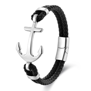 Men's black braided leather bracelet featuring a silver stainless steel anchor charm