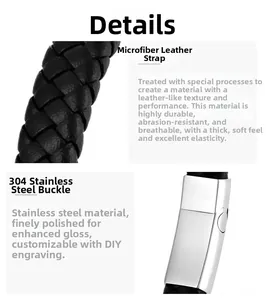 Close-up of black braided leather strap and polished stainless steel clasp with DIY engraving