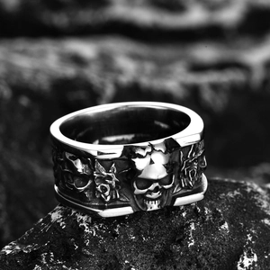Gothic square skull ring for men in vintage stainless steel hip hop punk style