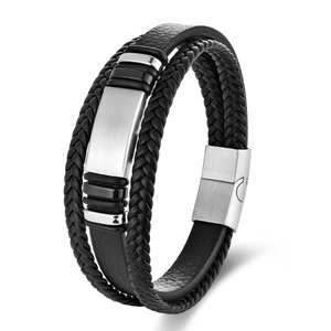 Multilayer men's black braided leather bracelet with silver magnetic clasp and metal inlay