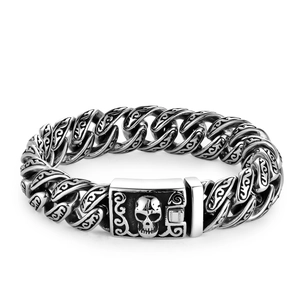 Punk Herrenarmband aus Edelstahl mit dicker Gliederkette und gotischer Totenkopfschließe