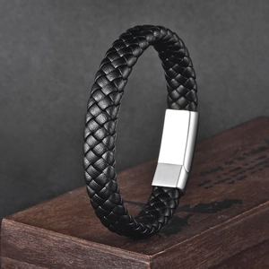 Men's minimalist braided black leather bracelet with silver magnetic stainless steel clasp