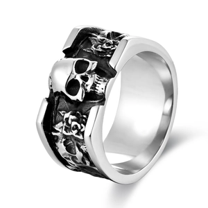Gothic punk square skull and rose embossed stainless steel ring for men in vintage style