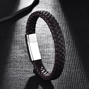 Men's woven brown leather bracelet with polished stainless steel magnetic clasp