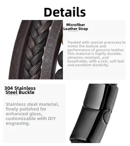 Detail of woven microfiber leather straps and custom black stainless steel magnetic buckle