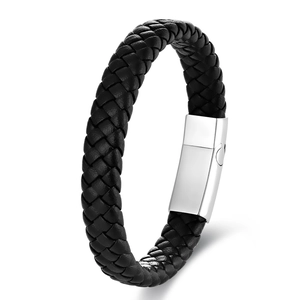 Men's braided black leather bracelet with a polished stainless steel magnetic clasp