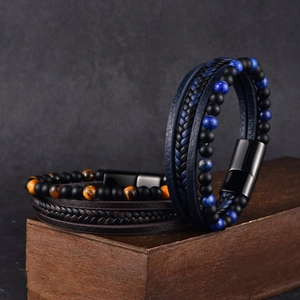Men's multi-layer leather bracelet with tiger eye stone beads and magnetic metal clasp