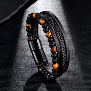 Men's multilayer leather bracelet with tiger eye stones and magnetic clasp