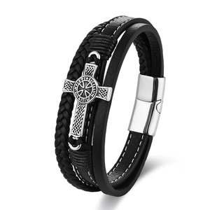 Bracelet multicouche homme en cuir noir avec croix argentée vintage et fermoir magnétique