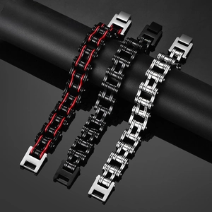Men's hip hop bicycle chain bracelets in black red, all black and silver stainless steel
