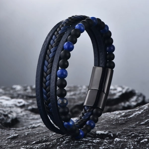Men's multilayer braided leather bracelet with tiger eye beads and magnetic clasp