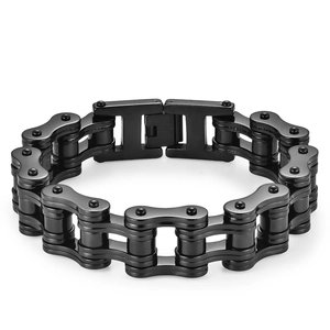 Industrial style black stainless steel bicycle chain bracelet for men with folding clasp