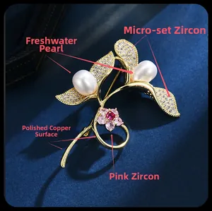 Macro shot of sprout flower brooch with freshwater pearls and pink cubic zirconia