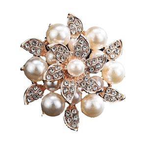 Elegant rose gold flower brooch with white pearls and sparkling crystal petals